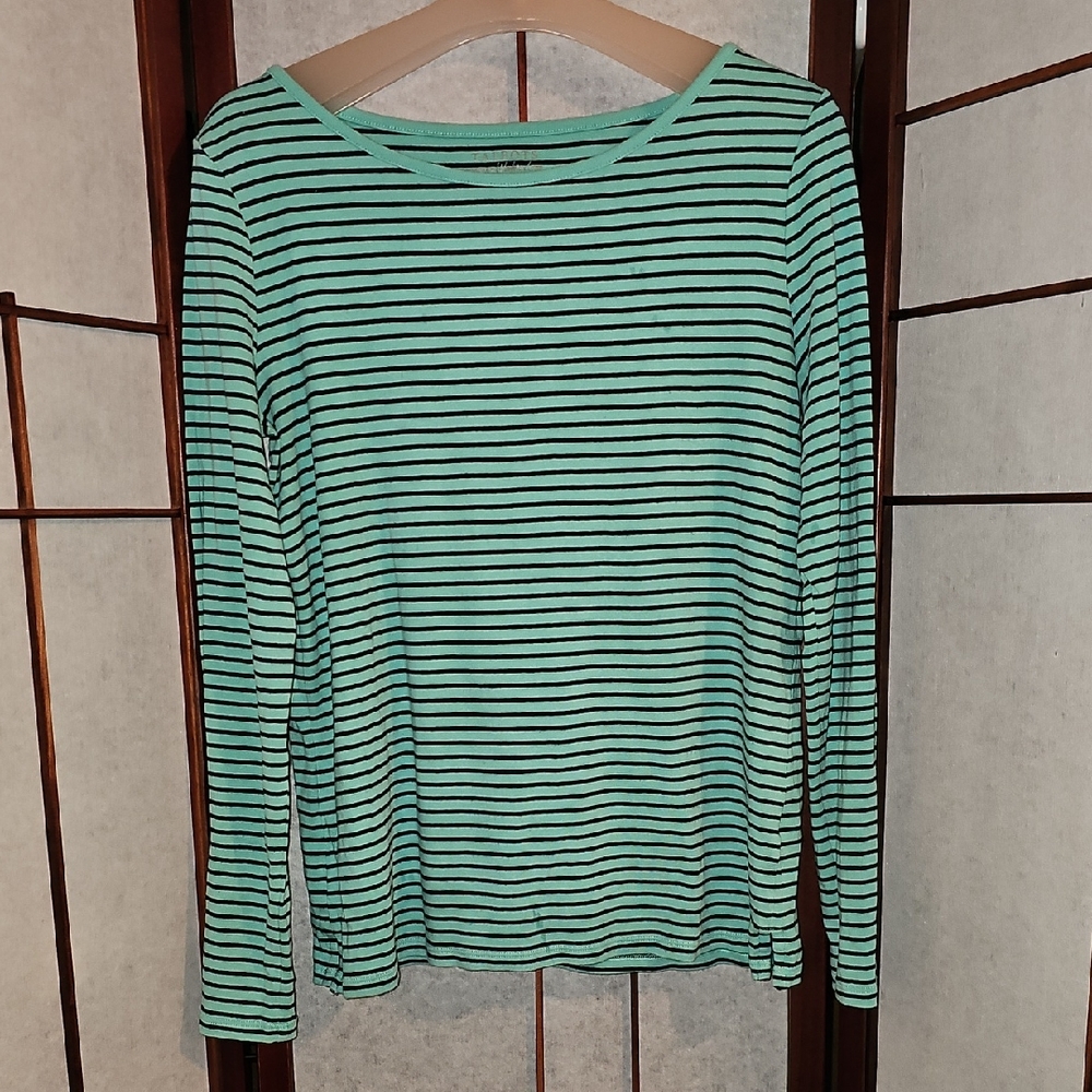 Talbots Striped Long-Sleeve Crewneck Top - Mint/Black